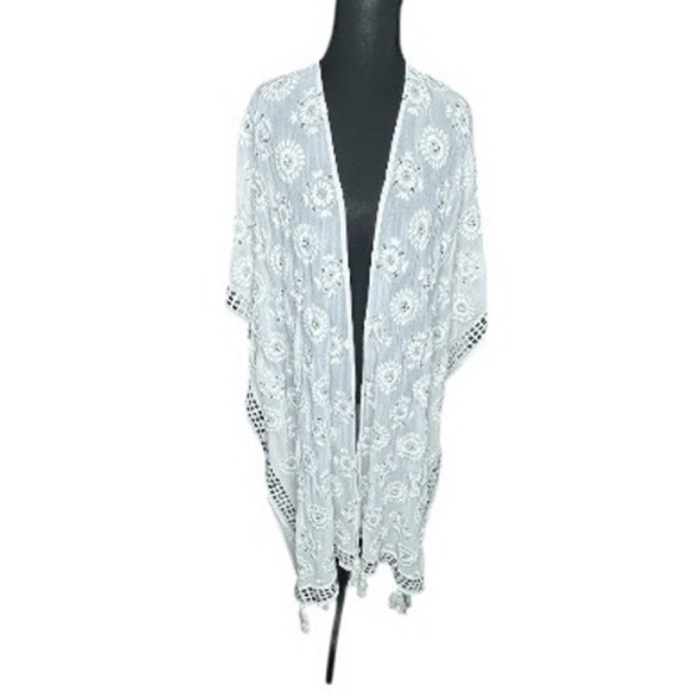 NWT Soft Surroundings Athena White Embroidered Sequined Tassel Kimono One Size